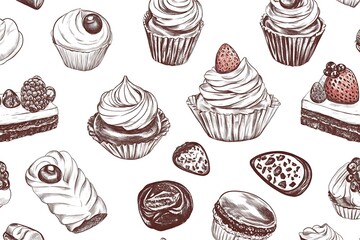 Hand-Drawn Seamless Pattern of Various Delicious Pastries
