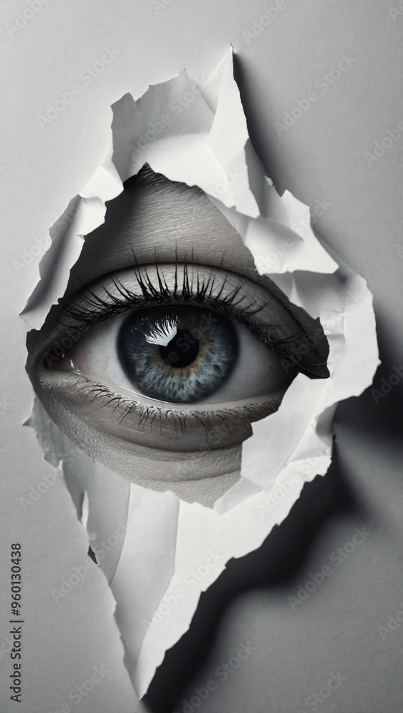 Poster a jagged tear in white paper, creating an intriguing visual effect.