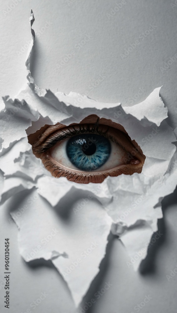 Poster a jagged tear in white paper, creating an intriguing visual effect.
