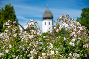 Kirchturm der Klosterkirche auf der Fraueninsel im Chiemsee