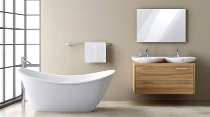 This serene bathroom features an elegant bathtub and double sink, designed for relaxation with natural light, spaciousness, and soft beige tones.