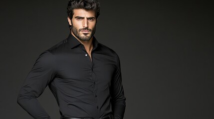 Obraz premium A tall, handsome man with a muscular physique and perfect facial features stands confidently in an elegant shirt, set against a dark backdrop that enhances his presence.