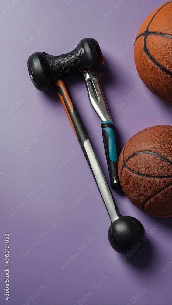 Wall mural A selection of sports equipment on a lilac background, seen from a top view.