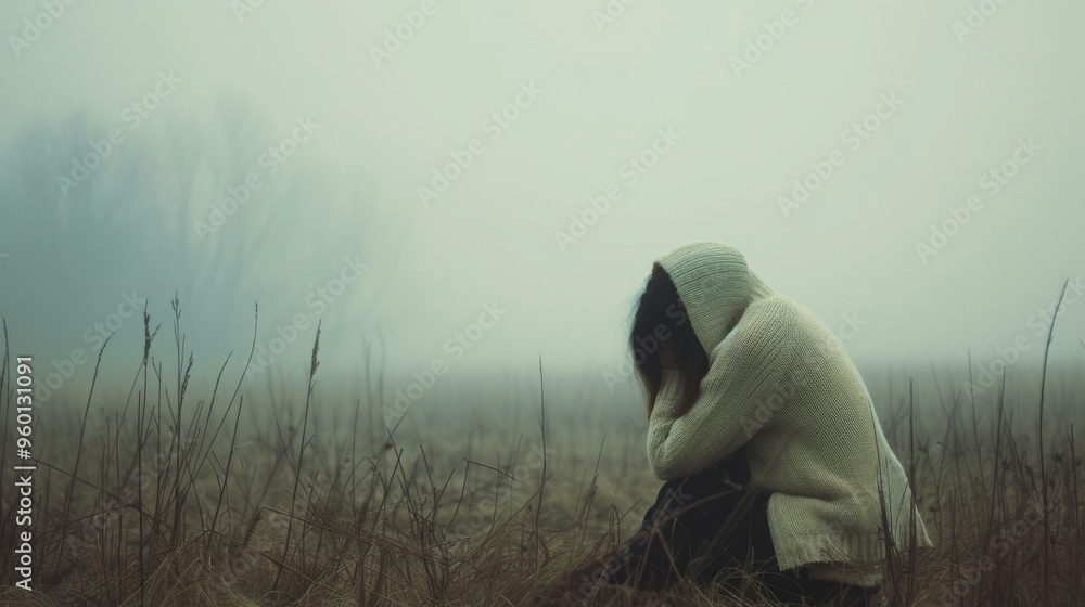 Poster a lone person in a hooded sweater crouches in a foggy field, creating a melancholic and introspectiv
