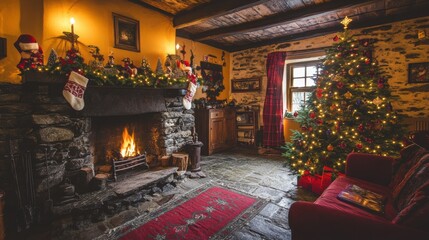 Cozy Irish cottage interior decorated for Christmas with a glowing fireplace and beautifully adorned tree, capturing the warmth of holiday traditions.