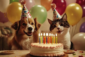 Celebration Time: Adorable Cat and Dog at Birthday Party