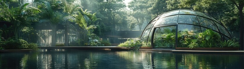 A futuristic glass dome housing a botanical garden, set in a city center, illustrating the blend of nature and modern architecture