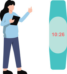 Girl looking at digital wristwatch.