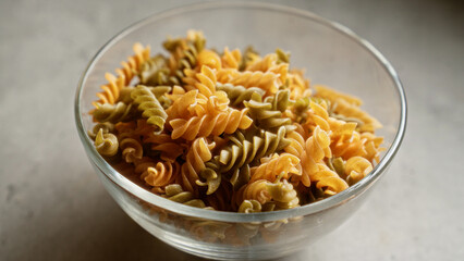 Closeup of uncooked spiral pasta in a transparent glass bowl placed on a gray kitchen countertop with natural light highlighting the fusilli details
