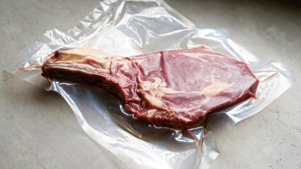 Vacuum-sealed raw steak on a table showcasing fresh meat packaged for storage or sous-vide cooking.