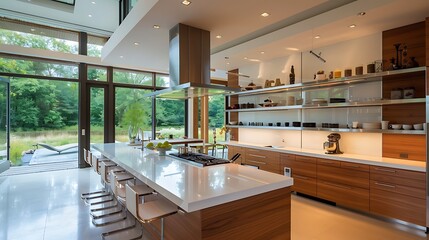 Write about the modern design of a kitchen with a large island and open shelving 