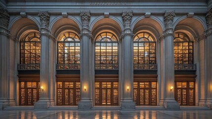 Obraz premium A grand public library with neoclassical columns, a domed reading room, and large arched windows, illustrating the civic pride and educational focus in architectural design