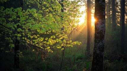 Obraz premium Dawn's embrace in forest greens.