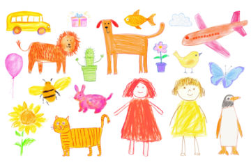 PNG kid drawings in crayon set, transparent background