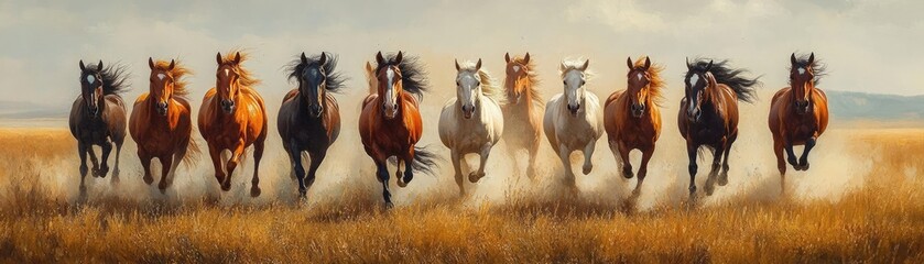 A herd of wild horses galloping through a field, their manes flowing in the wind, showcasing the freedom and strength of these animals