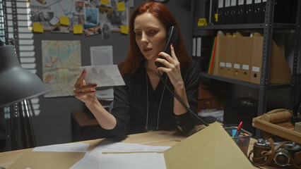 A focused redhead woman analyzes evidence while talking on the phone in a detective's office...