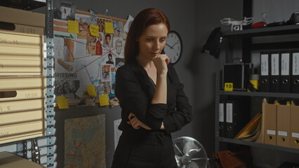 A thoughtful redhead woman detective stands in a cluttered office, contemplating case evidence.