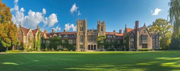 A historical university campus with Gothic revival buildings, ivy-covered walls, and expansive green lawns, highlighting the tradition and prestige in academic architecture