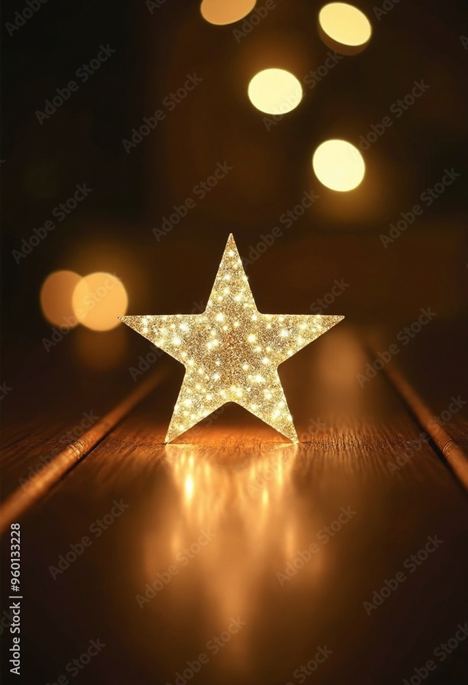 Poster close up photo of a glittering star on a rustic wooden table with bokeh light in the back