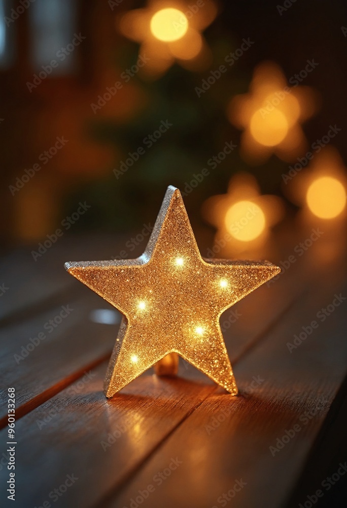 Poster close up photo of a glittering star on a rustic wooden table with bokeh light in the back