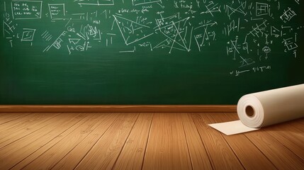 A green chalkboard displays various mathematical formulas and geometric figures, with a roll of paper lying on the floor beside it, set against wooden flooring