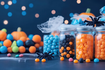 Halloween candy jars with spider decorations and pumpkins in festive setup