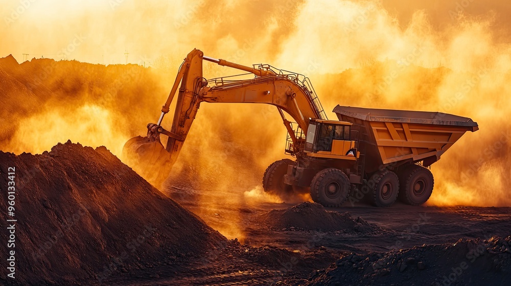 Canvas Prints A construction site at sunset with heavy machinery moving earth and creating dust.