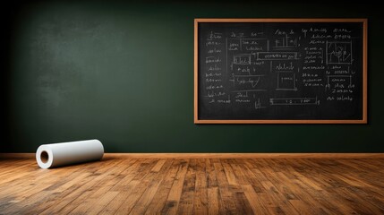 A green chalkboard displays various mathematical formulas and geometric figures, with a roll of paper lying on the floor beside it, set against wooden flooring