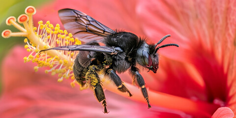  black bee on flower with pank background 