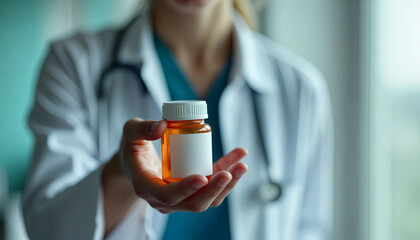 Doctor holding pill bottle with blank label for medical marketing