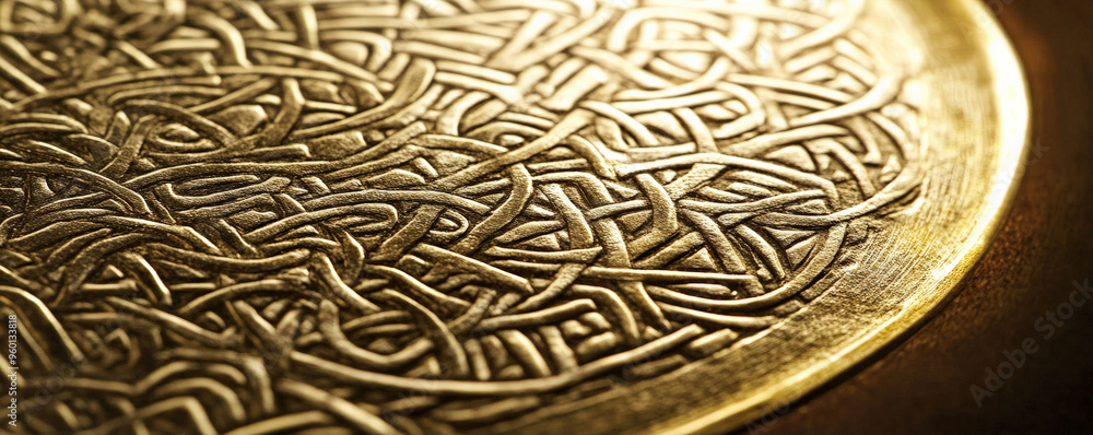 Poster a gold textured surface with intricate, celtic knotwork patterns engraved into the metal, adding a t