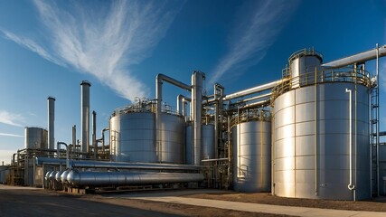 Industrial Strength - A view of a large industrial plant with towering metal structures under a clear blue sky.