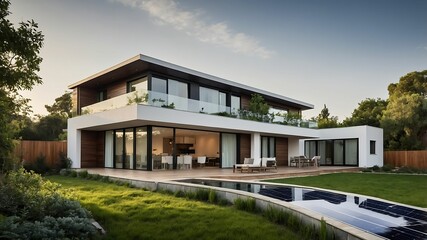 Modern Home Elegance - A stunning contemporary house with a sleek design, showcasing large glass windows, a spacious garden, and a pool.