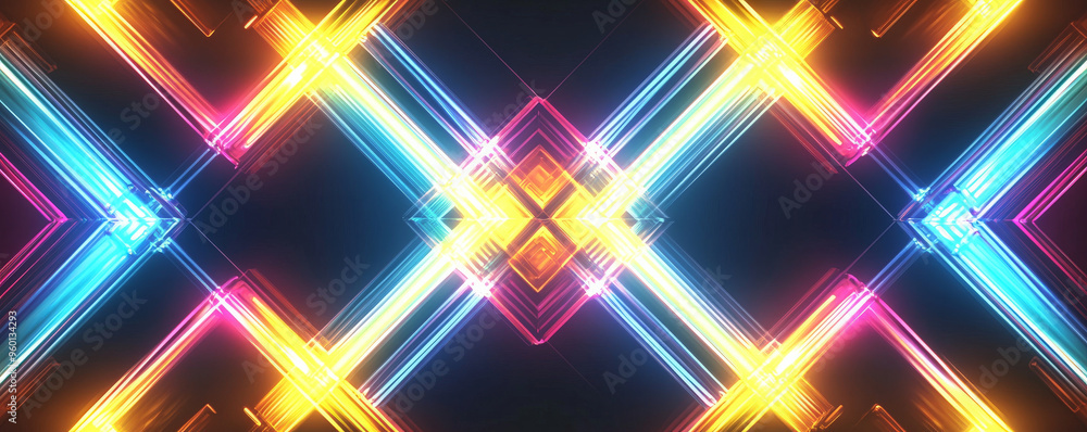Poster a neon lighting background with glowing yellow and blue tubes arranged in a repeating diamond patter