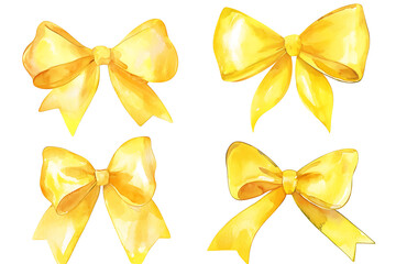 A set of four yellow watercolor bows isolated on a white background.