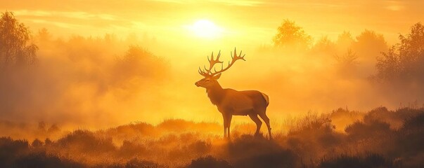 Naklejka premium A majestic red deer standing tall on a foggy hillside at sunrise, with the sun casting a golden glow around its silhouette, capturing the peaceful beauty of nature