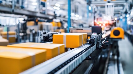 Naklejka premium A conveyor belt transporting yellow packages in a modern industrial setting.