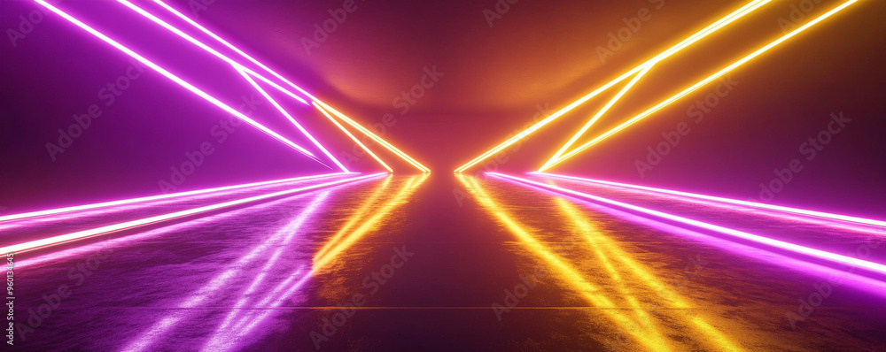 Poster a neon lighting background featuring a series of intersecting yellow and purple neon beams, creating