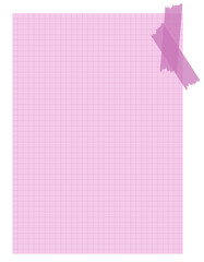Pink notebook page glued with tapes isolated on white. A page from a school notebook in a cell. A sheet of paper. Pieces of decorative tape for scrapbooks
