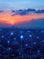 Modern city aerial view and communication network concept. Smart city. Wireless telecommunication