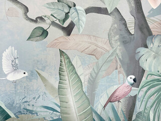 Illustration of tropical forest trees and palm leaves with birds on the branch flying, modern floral wallpaper printed on wall. colorful birds, flowers, and branches. © TMR Studio