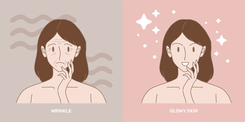 Face of woman with skin problem compare with healthy skin. Girl touching aging wrinkles, sagging skin and glowy skin by hand. Crumpled isolated. Hand drawn flat cartoon character vector illustration.