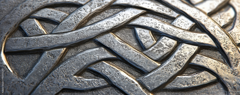 Poster a silver textured surface with intricate, celtic knotwork engravings, adding a touch of ancient craf