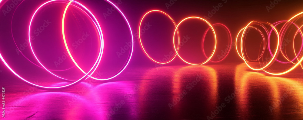 Poster a neon lighting background with pink and orange neon circles overlapping and intersecting, casting v