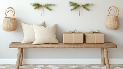 A rustic wooden bench adorned with plush pillows and lanterns is positioned against a grey wall, creating a warm and inviting atmosphere in the farmhouse entryway