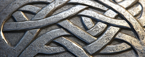 A silver textured surface with intricate, Celtic knotwork engravings, adding a touch of ancient craftsmanship to the metal.