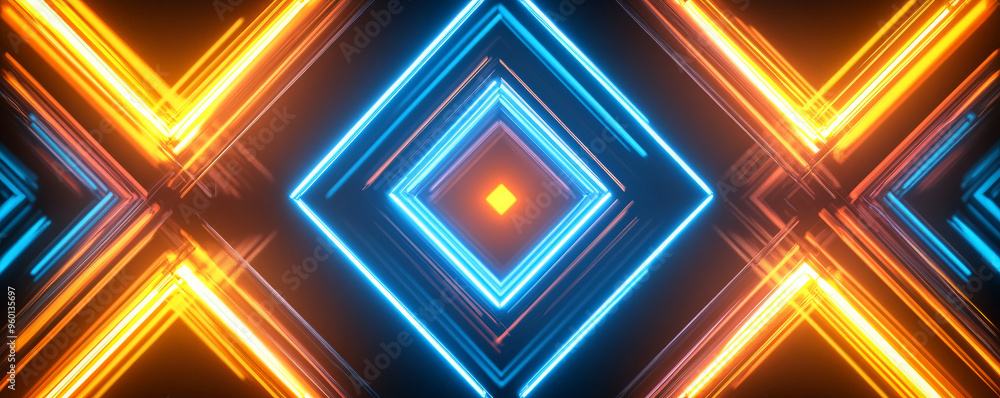 Poster a neon lighting background with glowing yellow and blue tubes arranged in a repeating diamond patter