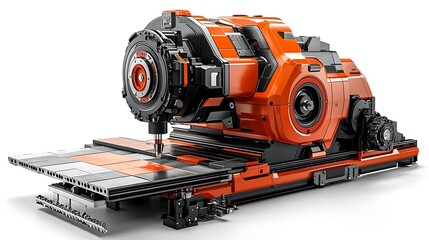 A modern CNC machine with striking orange details, perfectly isolated on a white background, ready for precision work.