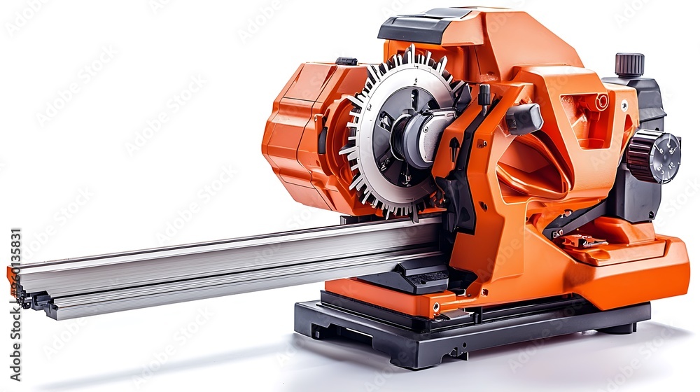 Poster an industrial orange cutting machine with a sharp blade, designed for precise and powerful performan
