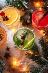 Christmas cocktails background. Happy new year backdrop. Celebrating winter holidays card template.